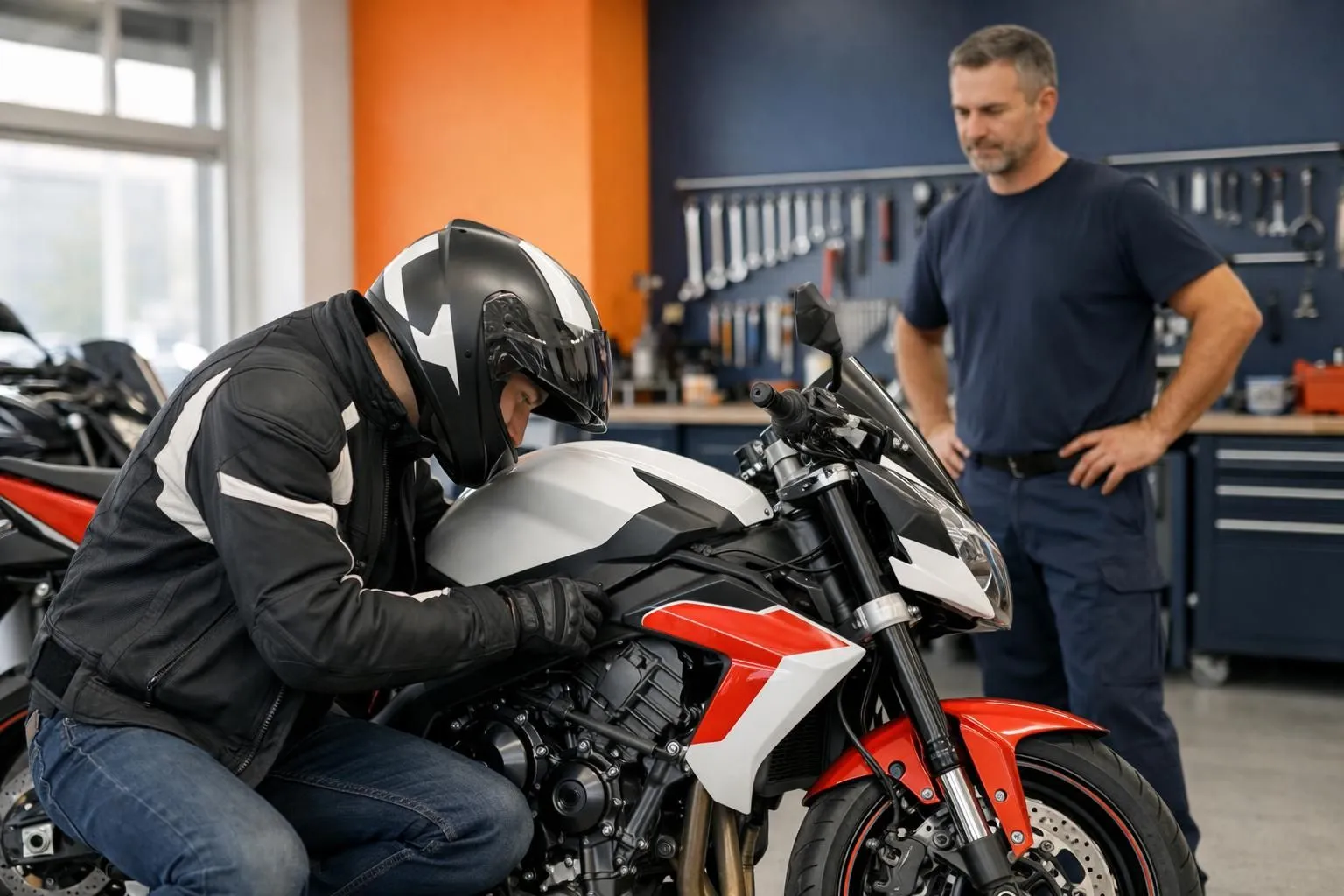 Un motocycliste inspecte une moto de sport d'occasion dans un showroom de concessionnaire suisse, vérifie les détails du moteur, un mécanicien professionnel se tient à proximité, éclairage naturel lumineux, cadre d'atelier moderne avec outils visibles.
