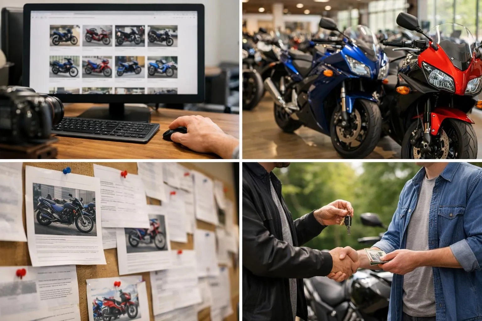 Écran partagé montrant plusieurs canaux d'achat de motos : personne parcourant un ordinateur portable avec un marché en ligne, salle d'exposition de concessionnaire moderne avec des motos exposées, rencontre décontractée entre deux personnes inspectant une moto dans l'allée, section des petites ann