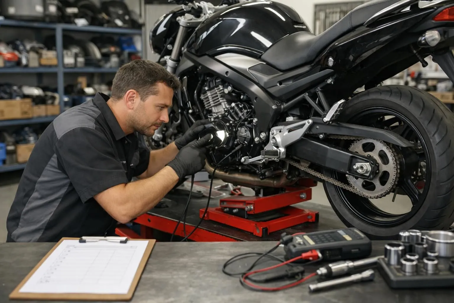 Mécanicien dans un garage professionnel effectuant une inspection technique détaillée sur une moto d'occasion, vérifiant les composants du moteur avec des outils et un équipement de diagnostic, moto soulevée sur un support avec une liste de contrôle sur l'établi, environnement d'atelier réaliste