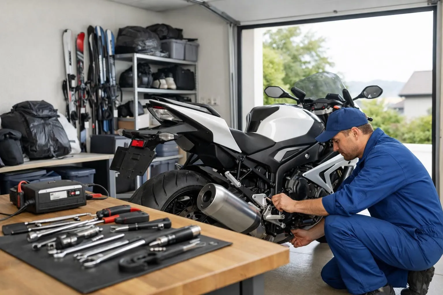 Un mécanicien professionnel en bleu effectue l'entretien hivernal d'une moto de sport dans un garage suisse moderne, avec des outils spécialisés sur l'établi et un chargeur de batterie visible.