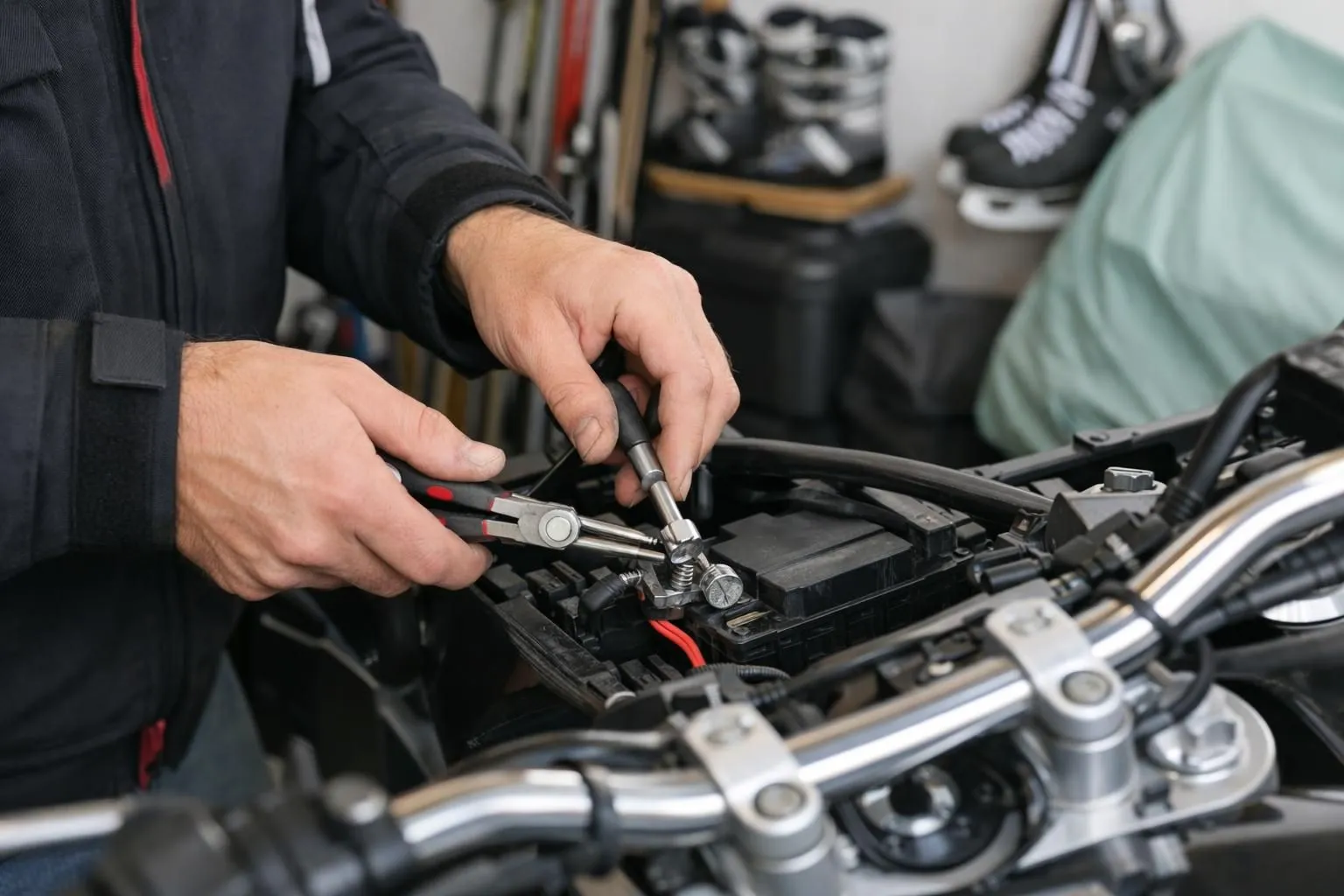 Un mécanicien professionnel débranche les bornes de la batterie de sa moto avec des outils spécialisés dans un garage domestique, avec du matériel d'hivernage en arrière-plan, sous un éclairage naturel, dans un style photographique documentaire.