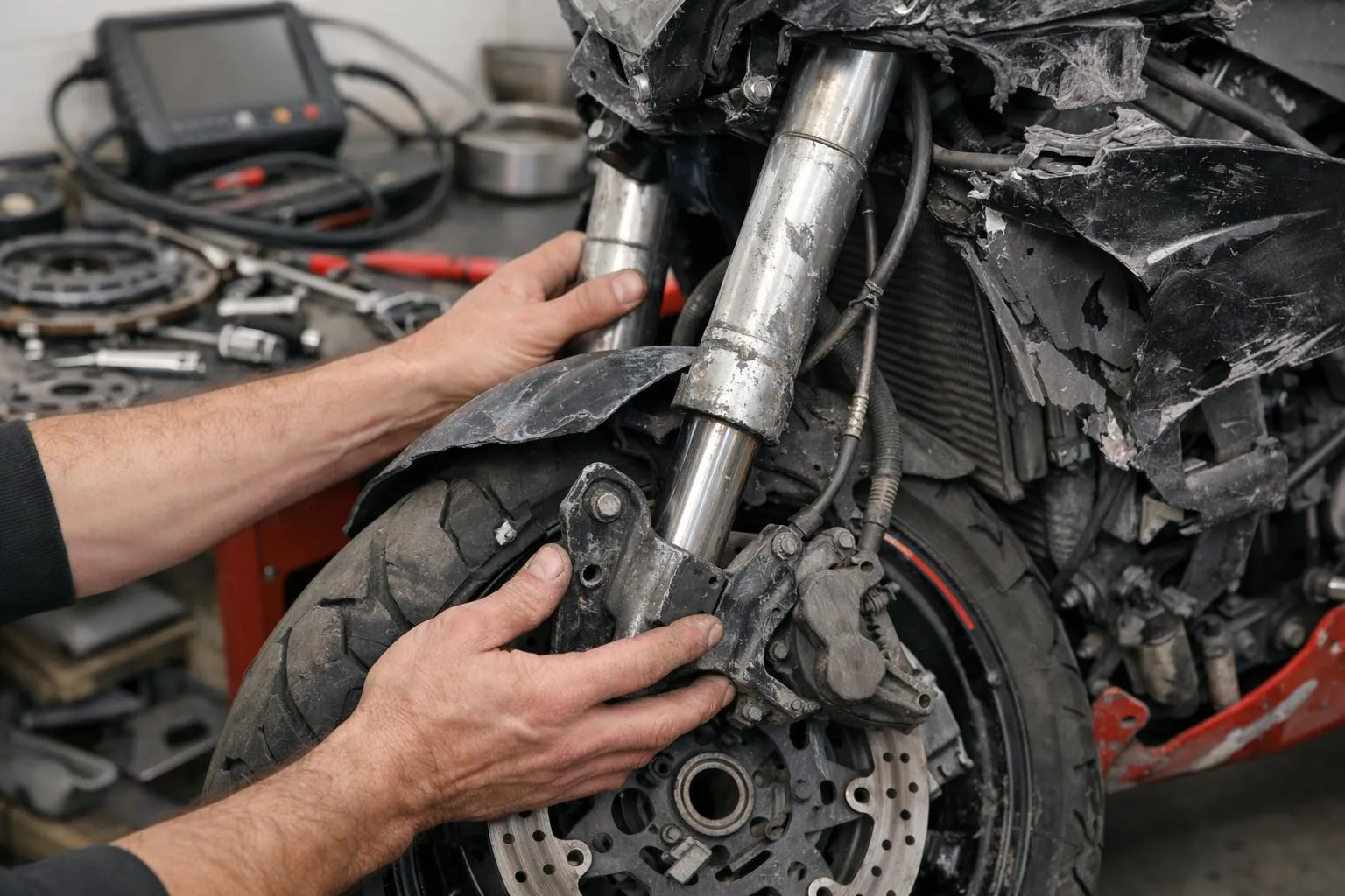 Réparation de pièces mécaniques de moto endommagées.