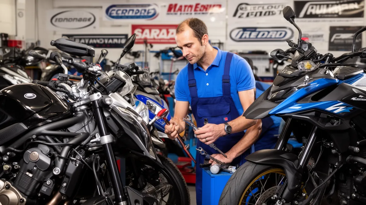 Mécanicien réparant une moto dans un garage de pièces automobiles.