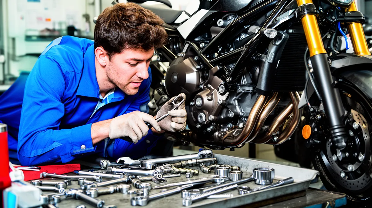 Mécanicien réparant une moto de sport dans un atelier.