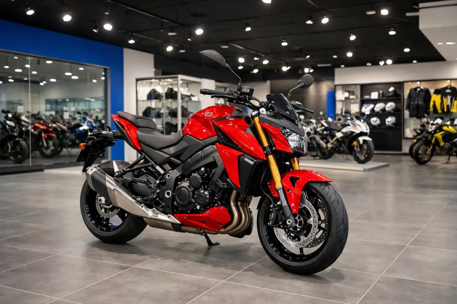 Suzuki GSX-S1000 rouge étincelante exposée dans showroom moderne de concessionnaire moto avec éclairage LED professionnel, vitrines et finitions haut de gamme, ambiance Suisse romande