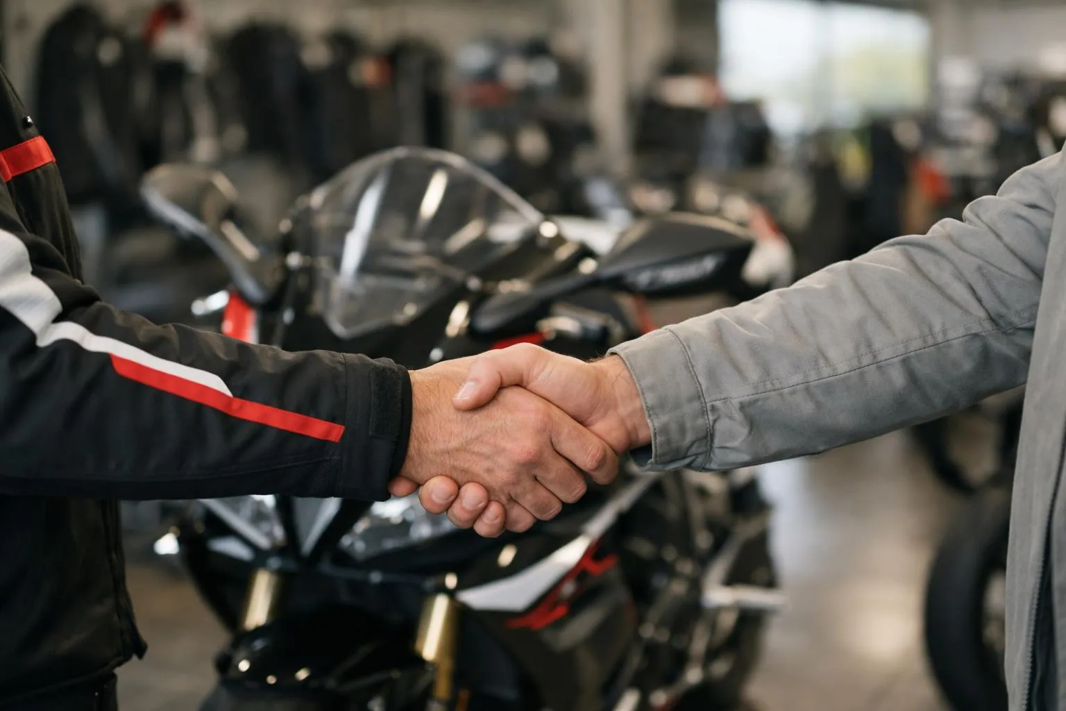 Professional motorcycle salesperson in branded workshop gear shaking hands with satisfied customer next to a pristine sport motorcycle in a modern dealership showroom with technical equipment visible in background, both people smiling in well-lit professional environment