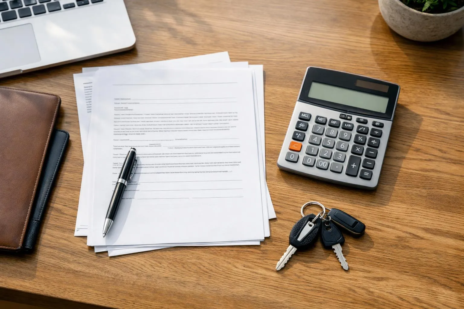 Close-up photo of motorcycle sales contract with itemized costs, calculator showing sum, and Suzuki GSX-S1000 keys on wooden dealer desk, realistic documentary style, natural office lighting