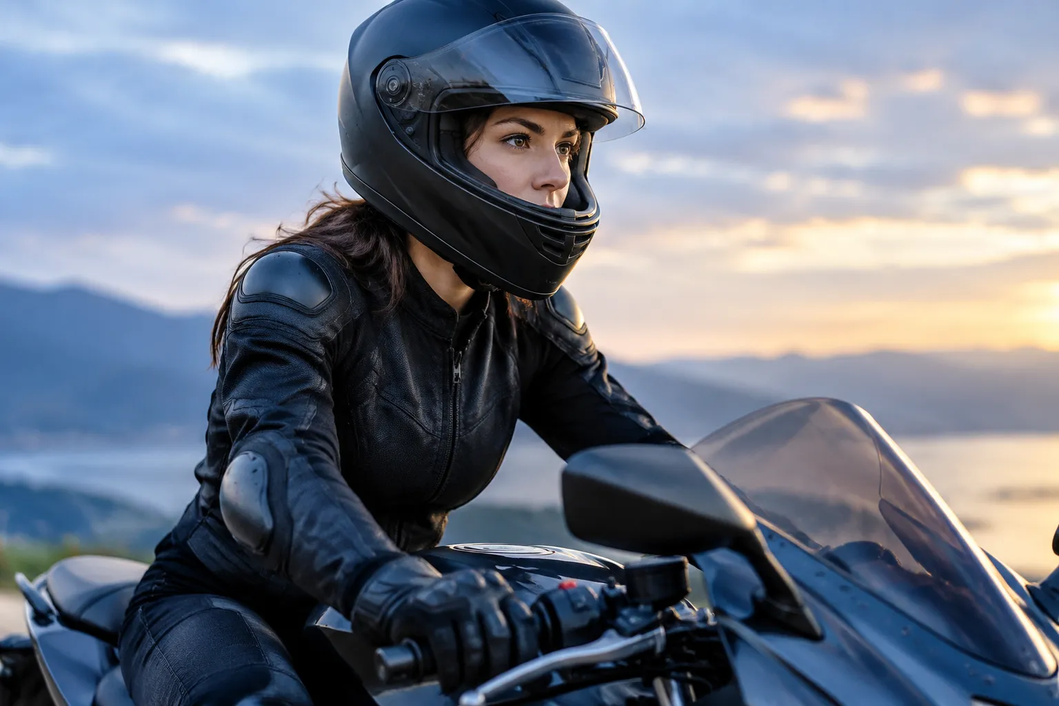 Motarde en casque noir chevauchant une moto au coucher du soleil