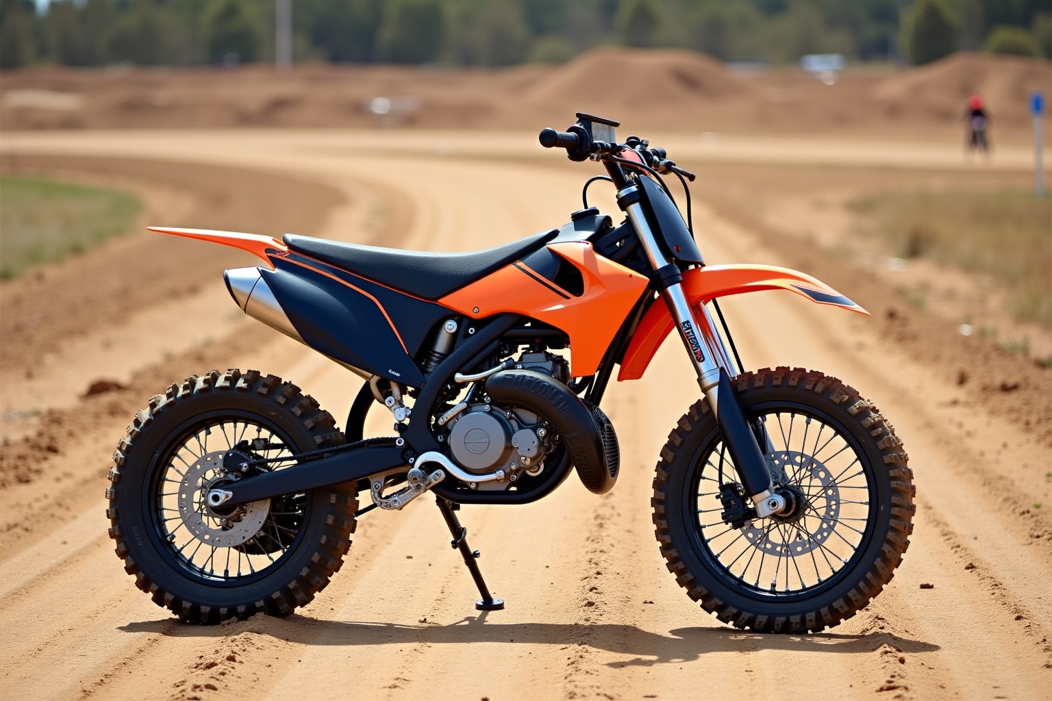 Motocross orange et noir avec suspension avant et pneus tout-terrain.