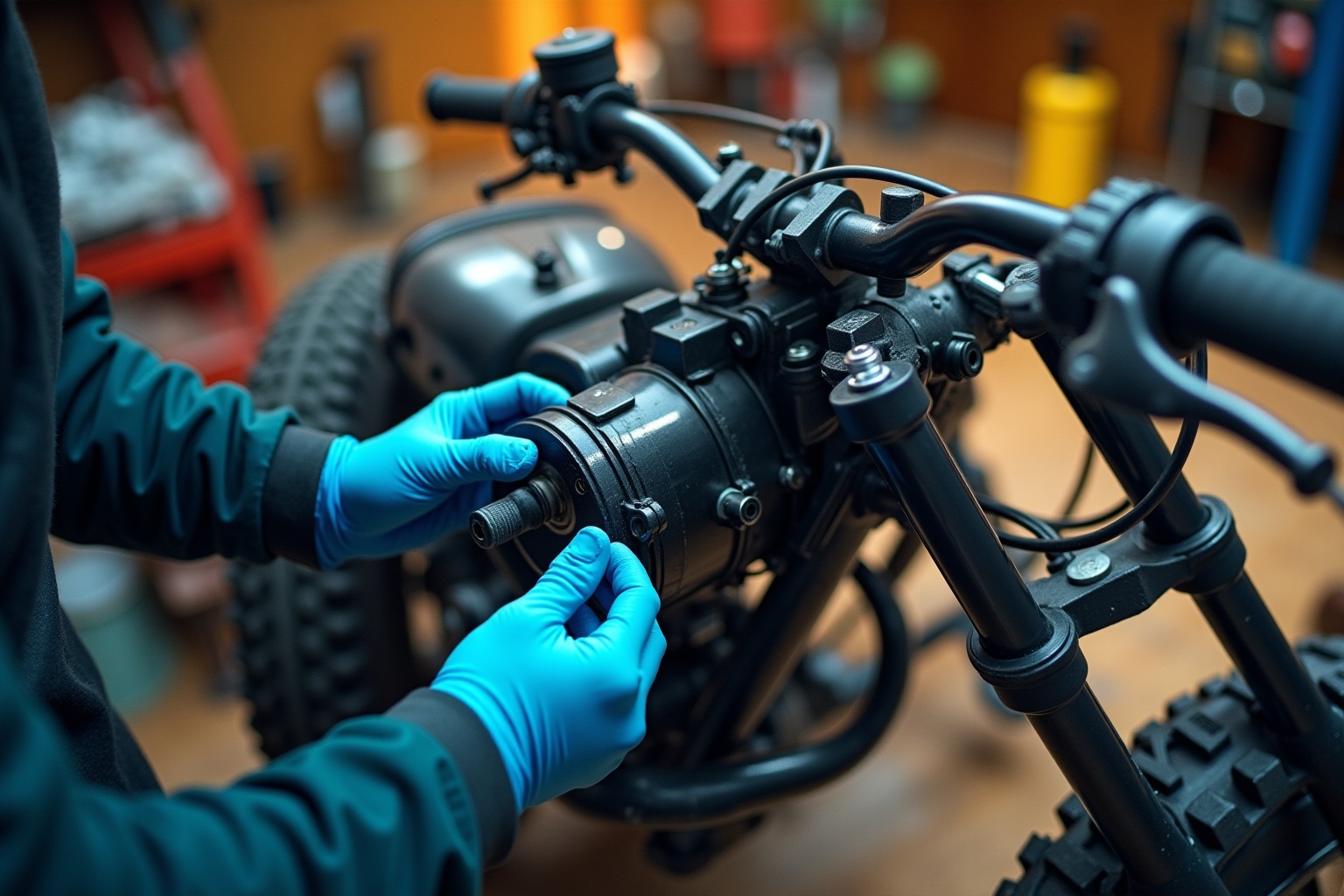 Mécanicien réparant un vélo avec des gants de protection bleus.