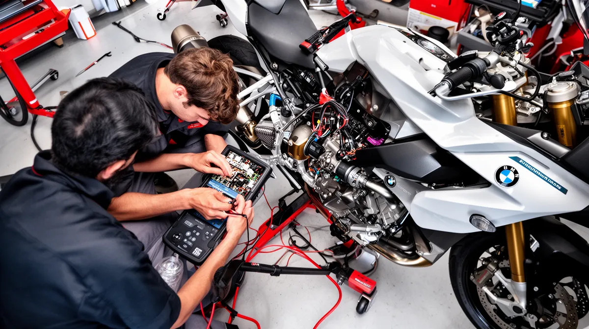 Mécanicien réparant une moto de sport blanche avec des outils électroniques.