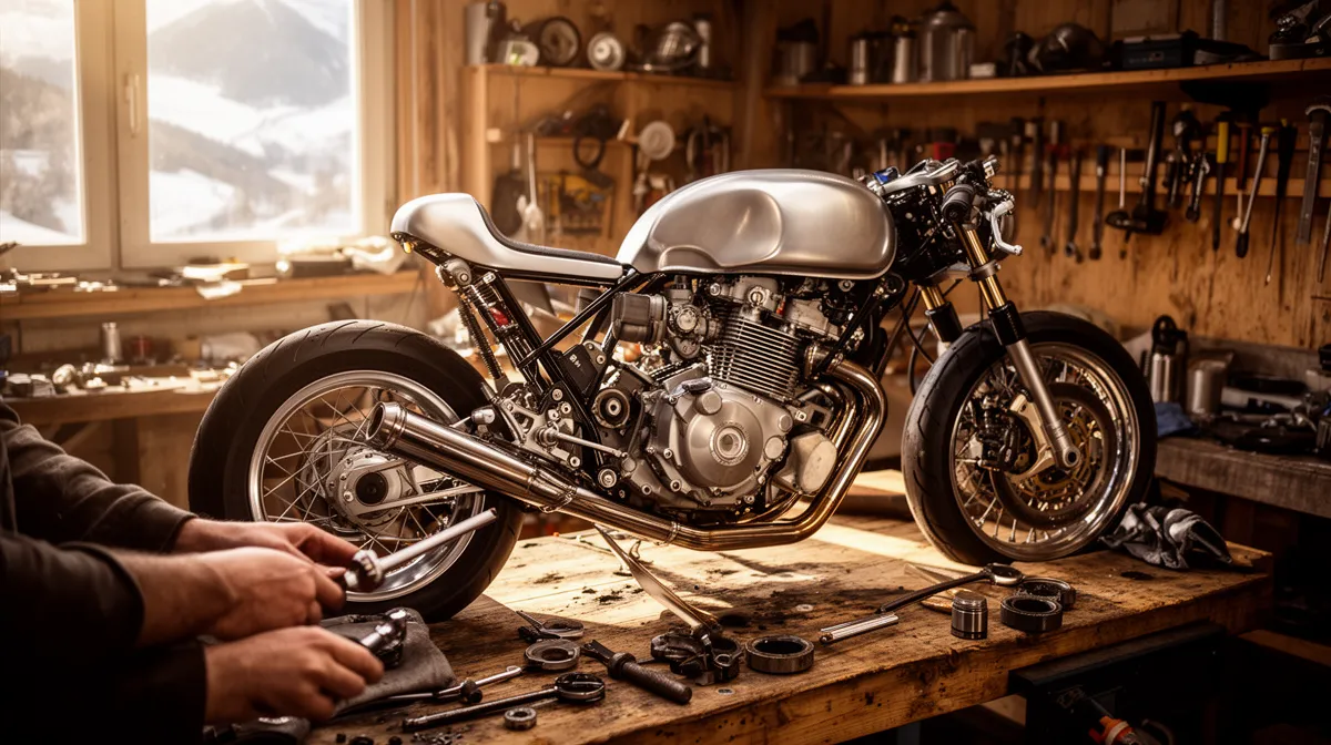 Moto de style café racer en réparation dans un atelier.