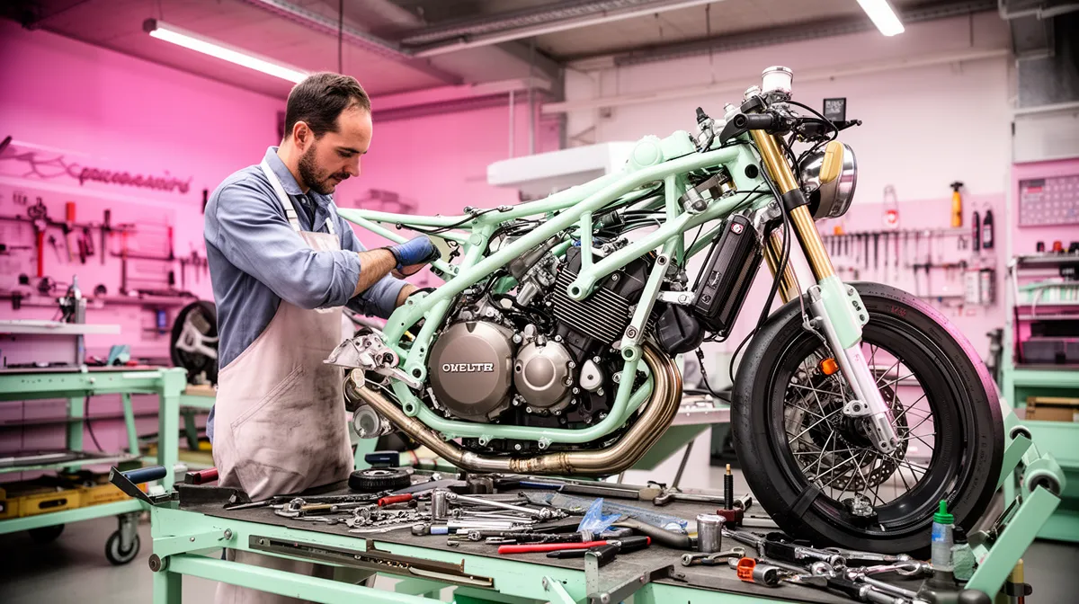 Mécanicien réparant une moto vintage verte dans un atelier.