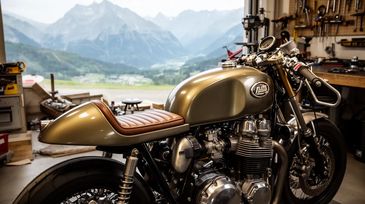 Moto vintage dorée dans un atelier de montagne.