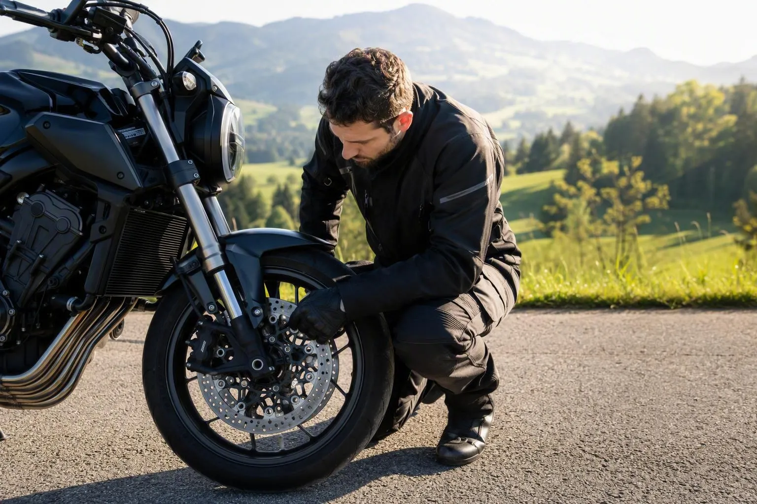 Homme en tenue de moto examinant le pneu avant d'une moto noire dans un paysage montagneux.