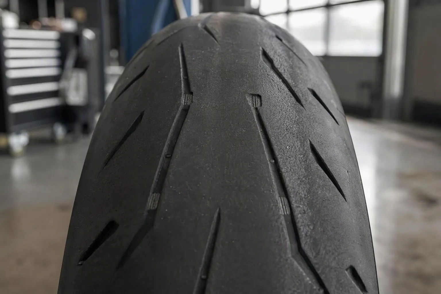 Pneu de moto noir avec des rainures profondes.