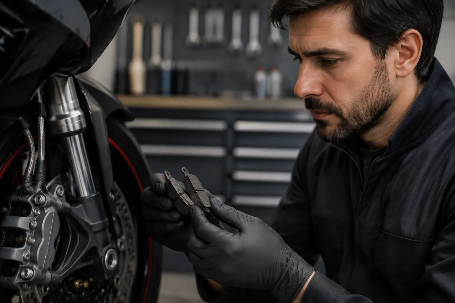 Mécanicien réparant une moto dans un atelier sombre.