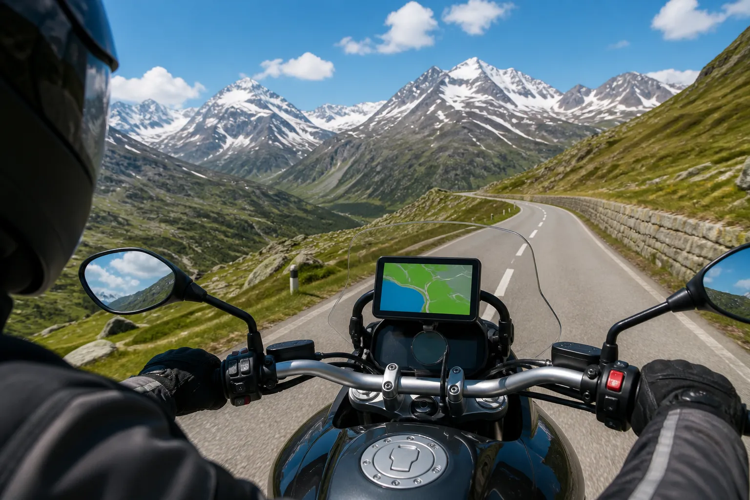 Motocyclette sur une route de montagne avec un paysage enneigé.