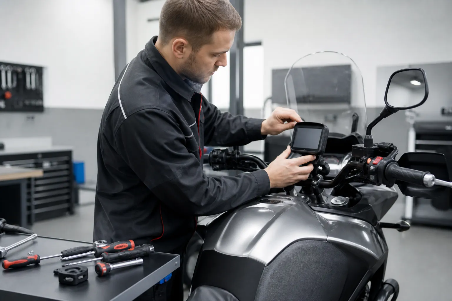 Mécanicien réparant une moto dans un atelier.