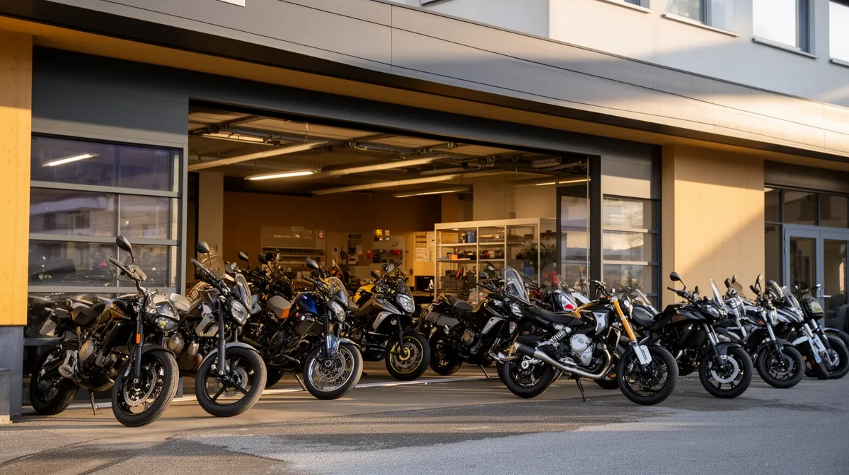 Concession de motos sportives et de route alignées devant un bâtiment.