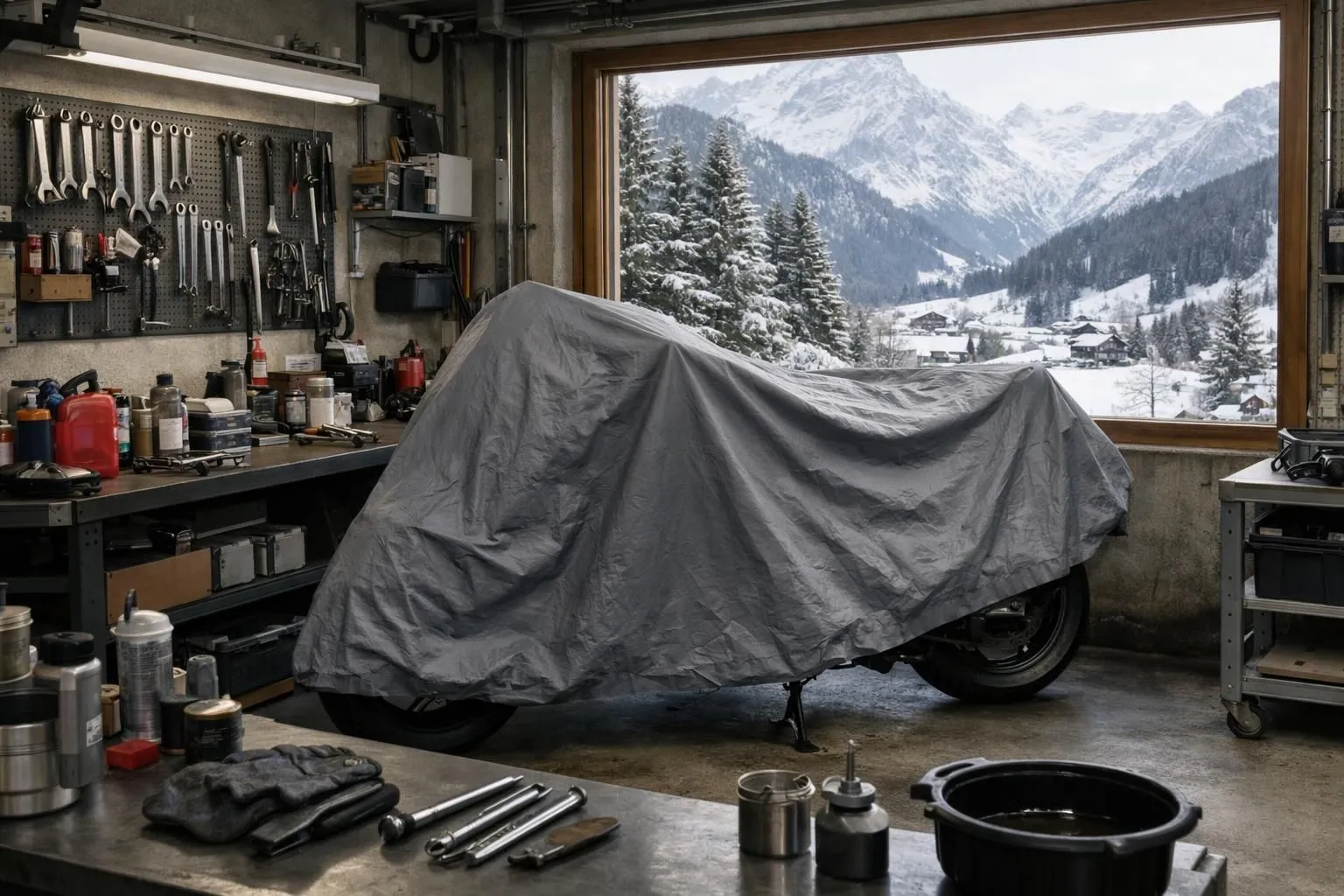 Une moto couverte d'une bâche de protection dans un garage d'atelier, avec des outils de maintenance sur l'établi, avec un paysage de montagnes suisses visible par la fenêtre, dans un décor hivernal enneigé.