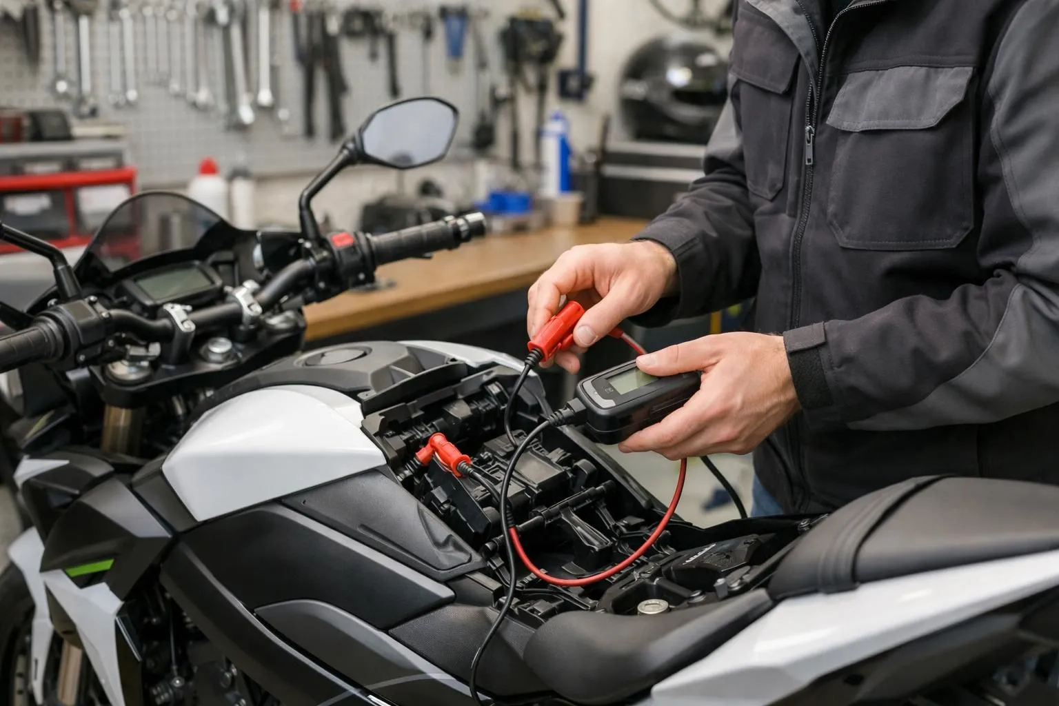 Mécanicien moto effectuant l'entretien hivernal dans un atelier professionnel, installant un chargeur de batterie sur une moto de sport moderne, dans un garage organisé avec outils visibles, sous la lumière naturelle.