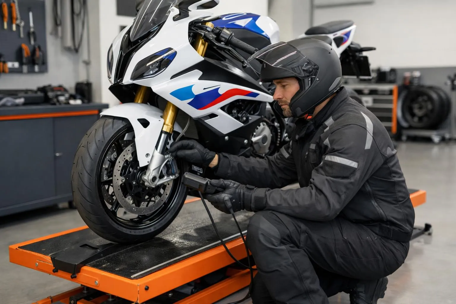 Un mécanicien de moto professionnel en équipement de sécurité inspecte une moto de sport allemande sur un élévateur dans un atelier suisse moderne, vérifiant le système de freinage et les composants de suspension avec des outils de diagnostic.