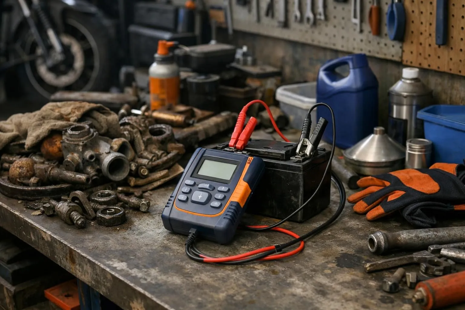 Batterie de moto testée avec un multimètre dans un atelier de garage, pièces de moteur corrodées visibles sur l'établi à côté de housses de protection et de fournitures d'entretien, éclairage réaliste mettant en évidence le contraste entre l'équipement bien ent