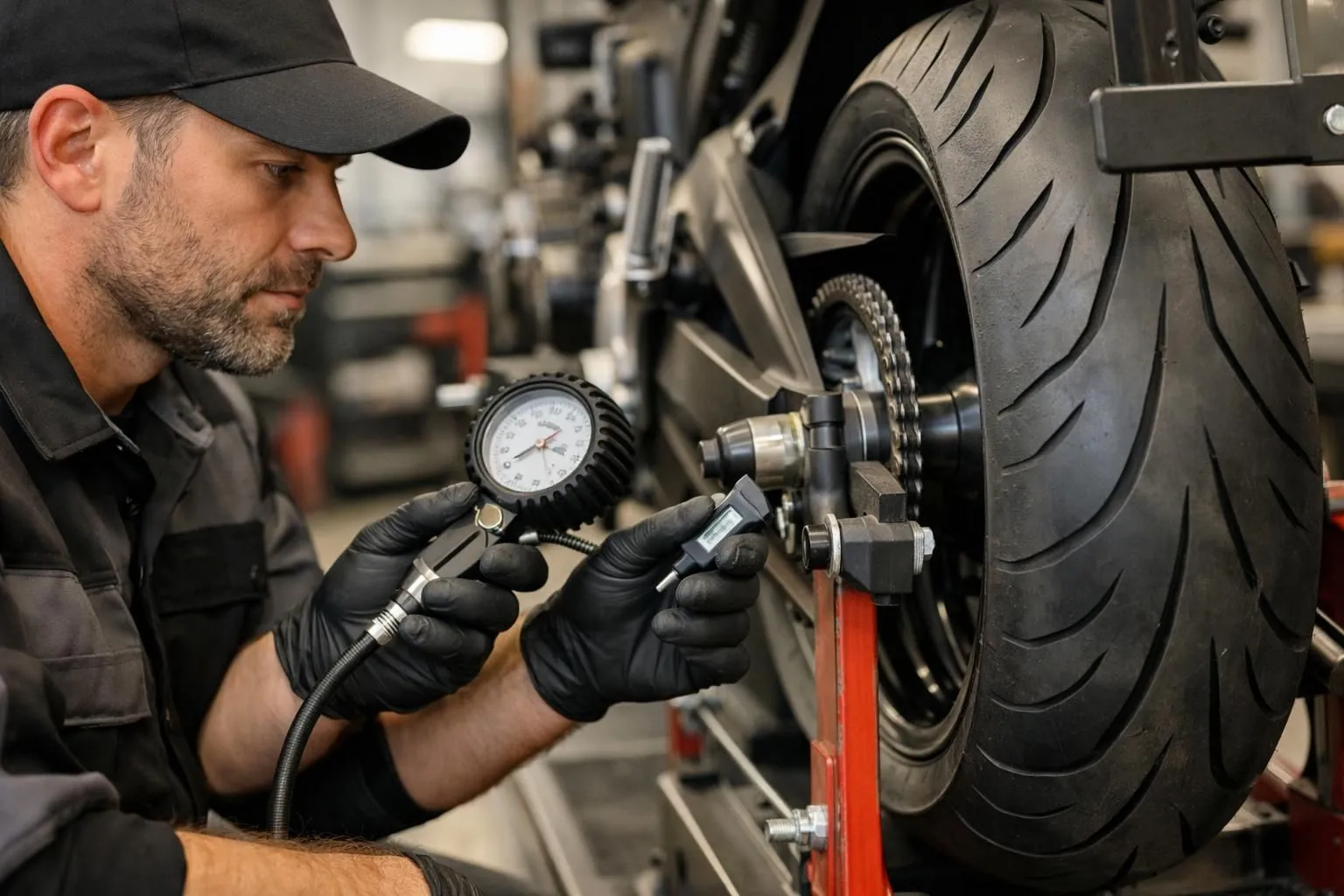 Un mécanicien de moto inspecte la déformation du pneu avec un manomètre et des outils de mesure professionnels dans un atelier de réparation moderne, focus sur le flanc du pneu et l'équipement de support de roue.