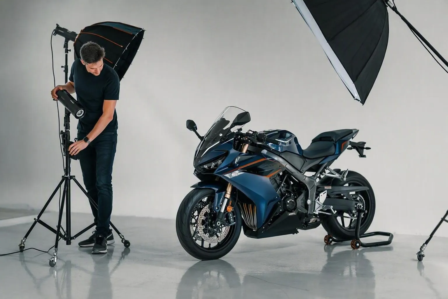 Moto sportive bleue photographiée en studio avec éclairage professionnel