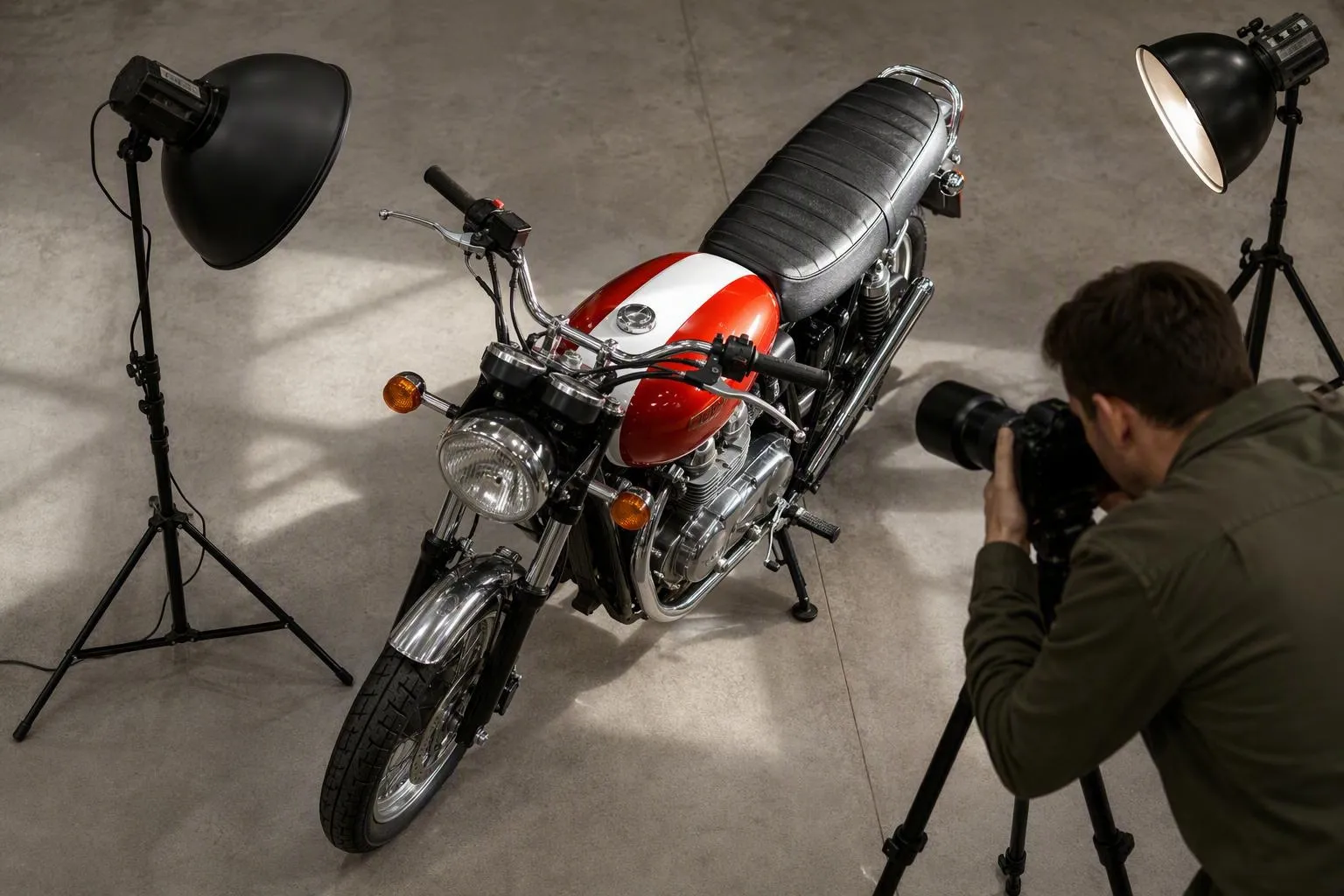 Photographe capturant une moto vintage rouge sous projecteurs.