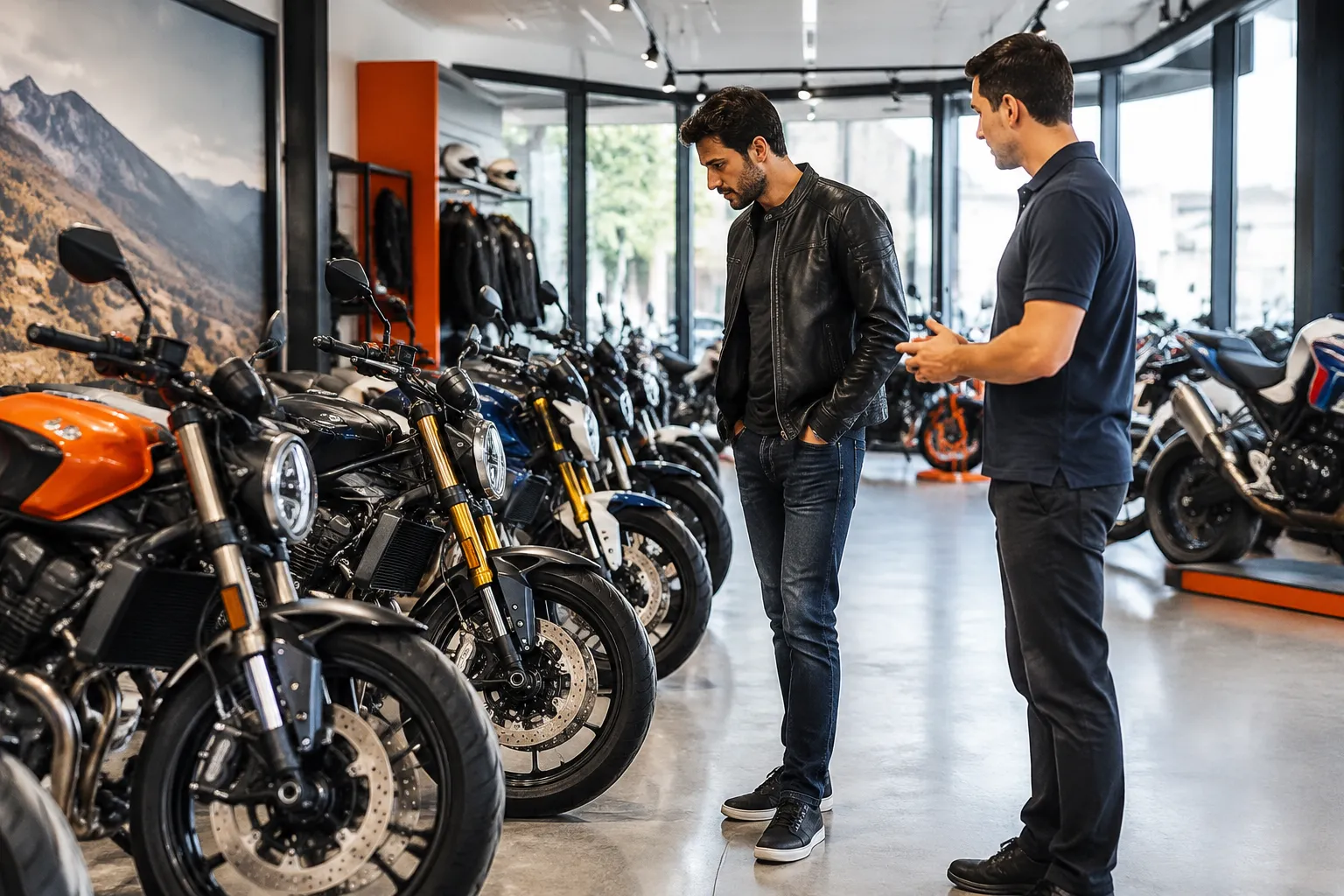 Client et vendeur examinent des motos en concession.