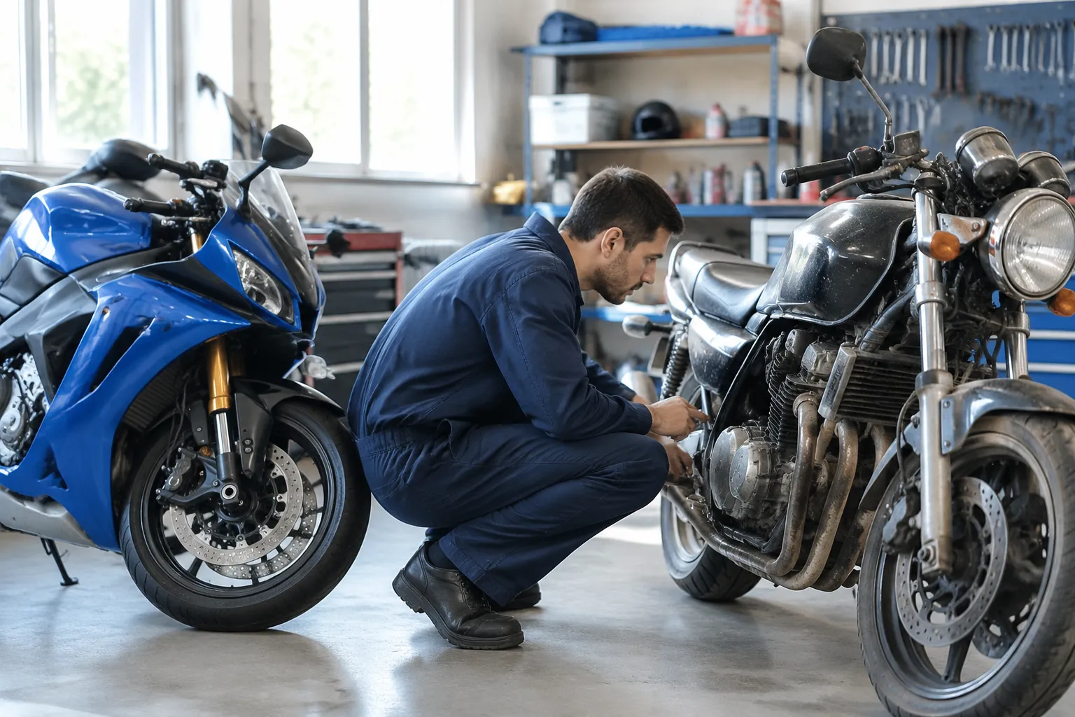 Mécanicien inspectant une moto classique dans un atelier.