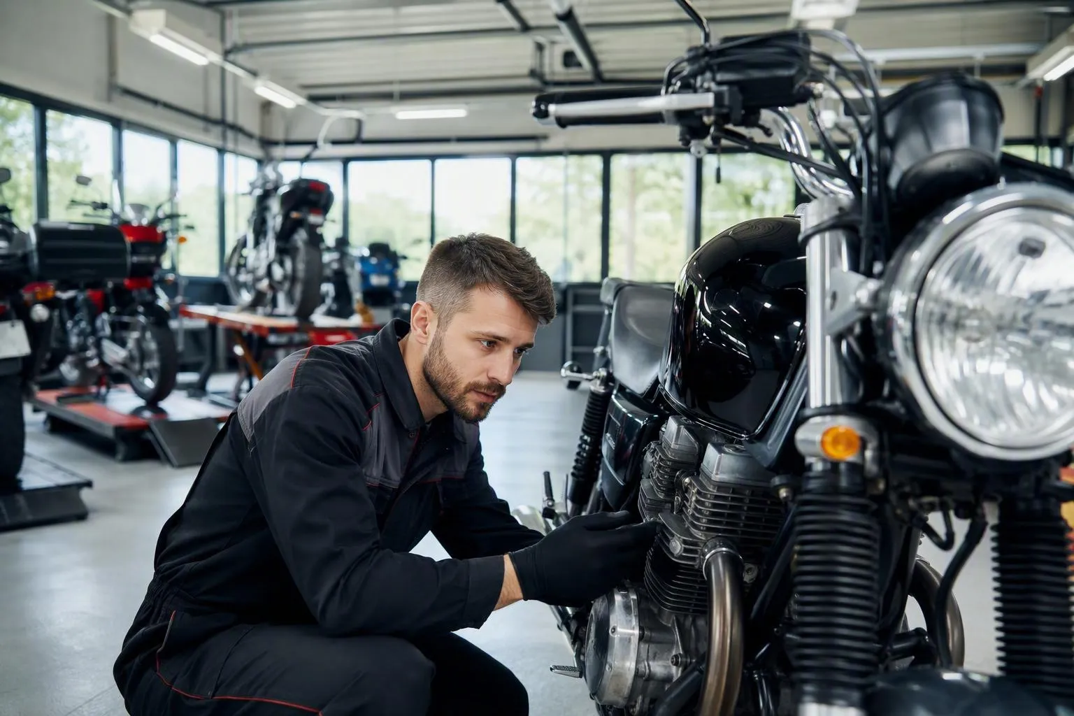 Mécanicien inspectant une moto noire dans un atelier lumineux