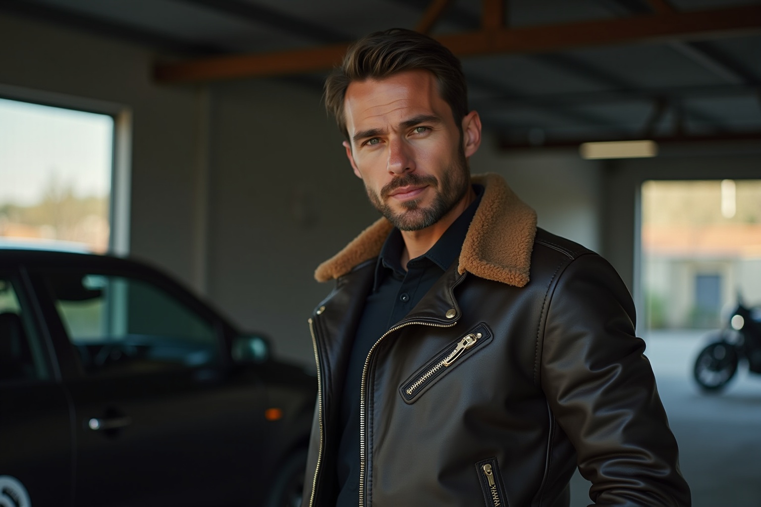 Homme élégant en veste de cuir avec col en fourrure.