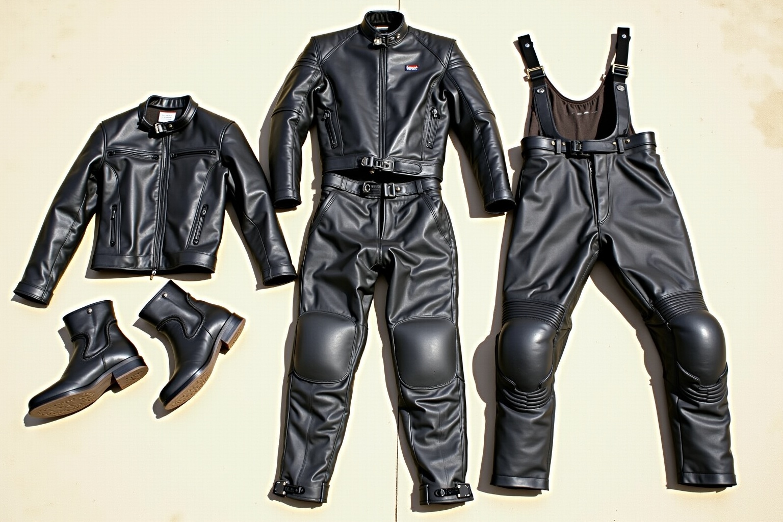Vêtements de motard en cuir noir avec fermetures éclair et sangles.