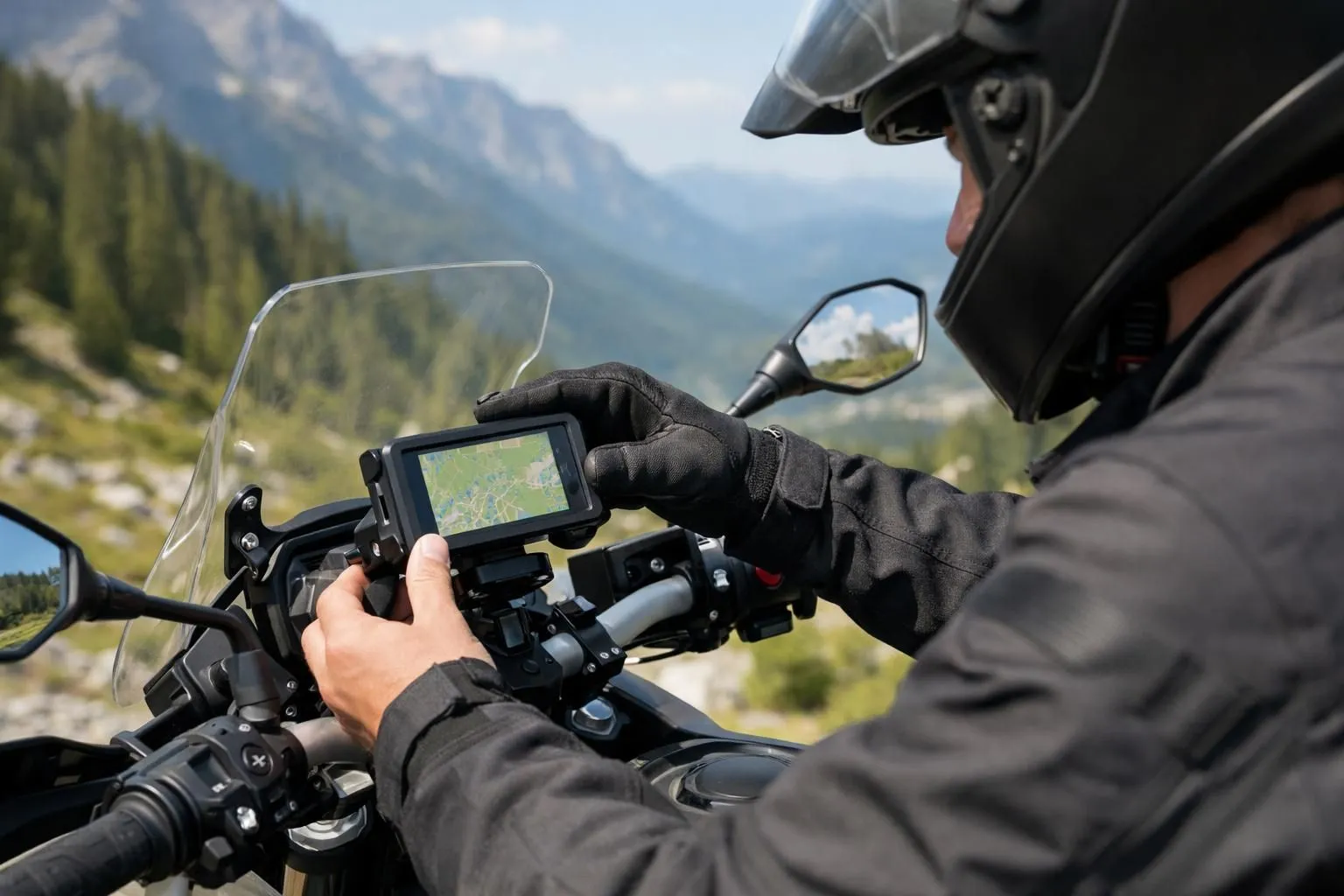 Motard ajustant un support GPS professionnel sur le guidon de sa moto lors d'une randonnée ensoleillée en montagne, écran visible et système de fixation sécurisé.