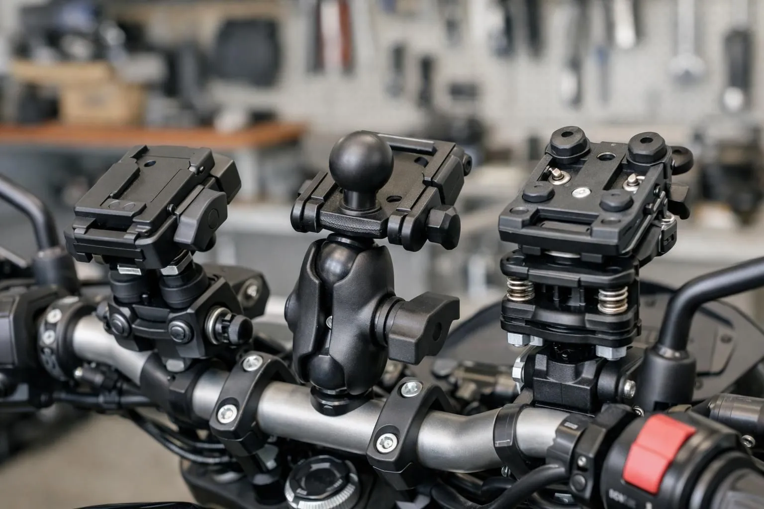 Gros plan sur plusieurs systèmes de montage GPS installés sur les guidons de moto, montrant des mécanismes de fixation rapide, des supports à rotule RAM et des systèmes d'amortissement des vibrations dans un atelier.
