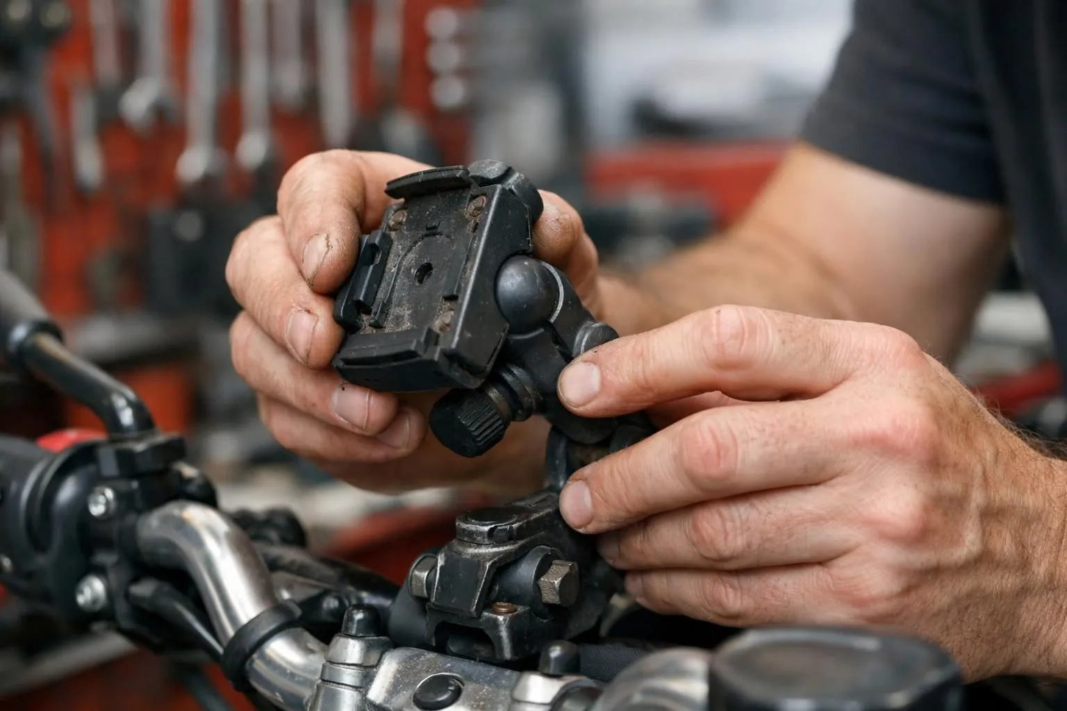 Gros plan des mains d'un mécanicien de moto inspectant un support GPS usé sur le guidon, environnement de garage professionnel avec outils visibles, éclairage d'atelier réaliste montrant le desserrage et les signes d'usure du support.