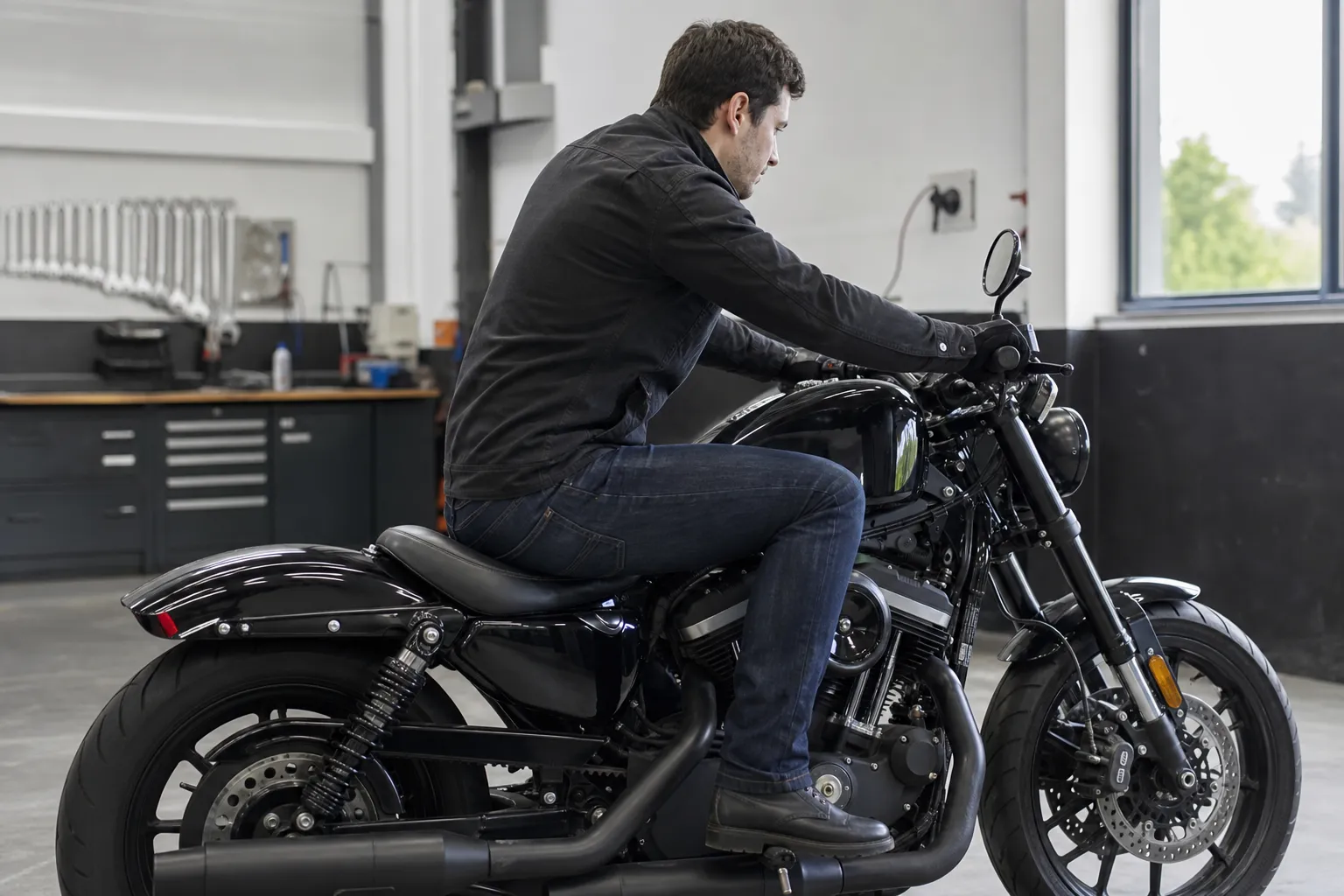 Homme en veste noire assis sur une moto noire dans un garage.
