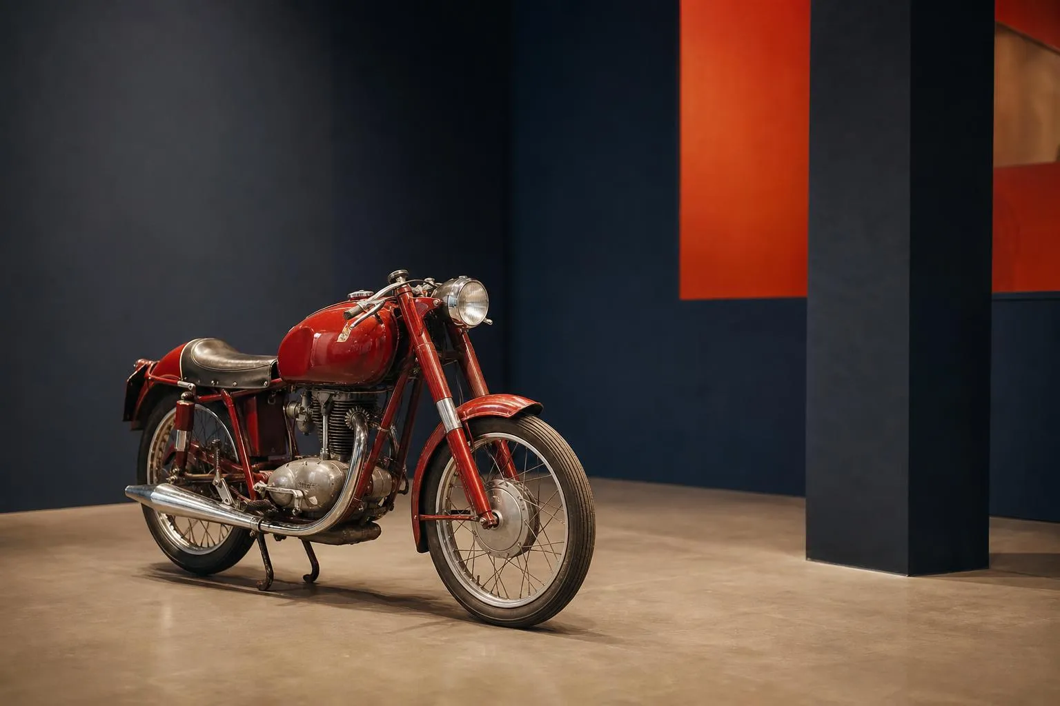 Moto vintage rouge sur fond sombre et minimaliste.
