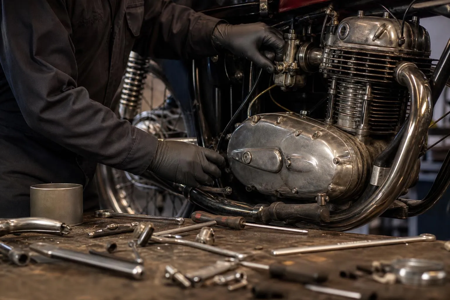 Moteur de moto vintage en cours de réparation avec outils.