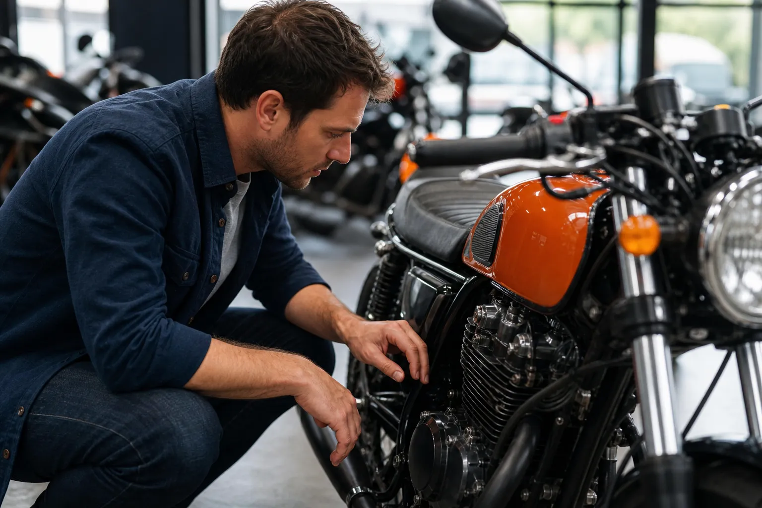 Homme examinant attentivement une moto vintage orange dans un atelier.