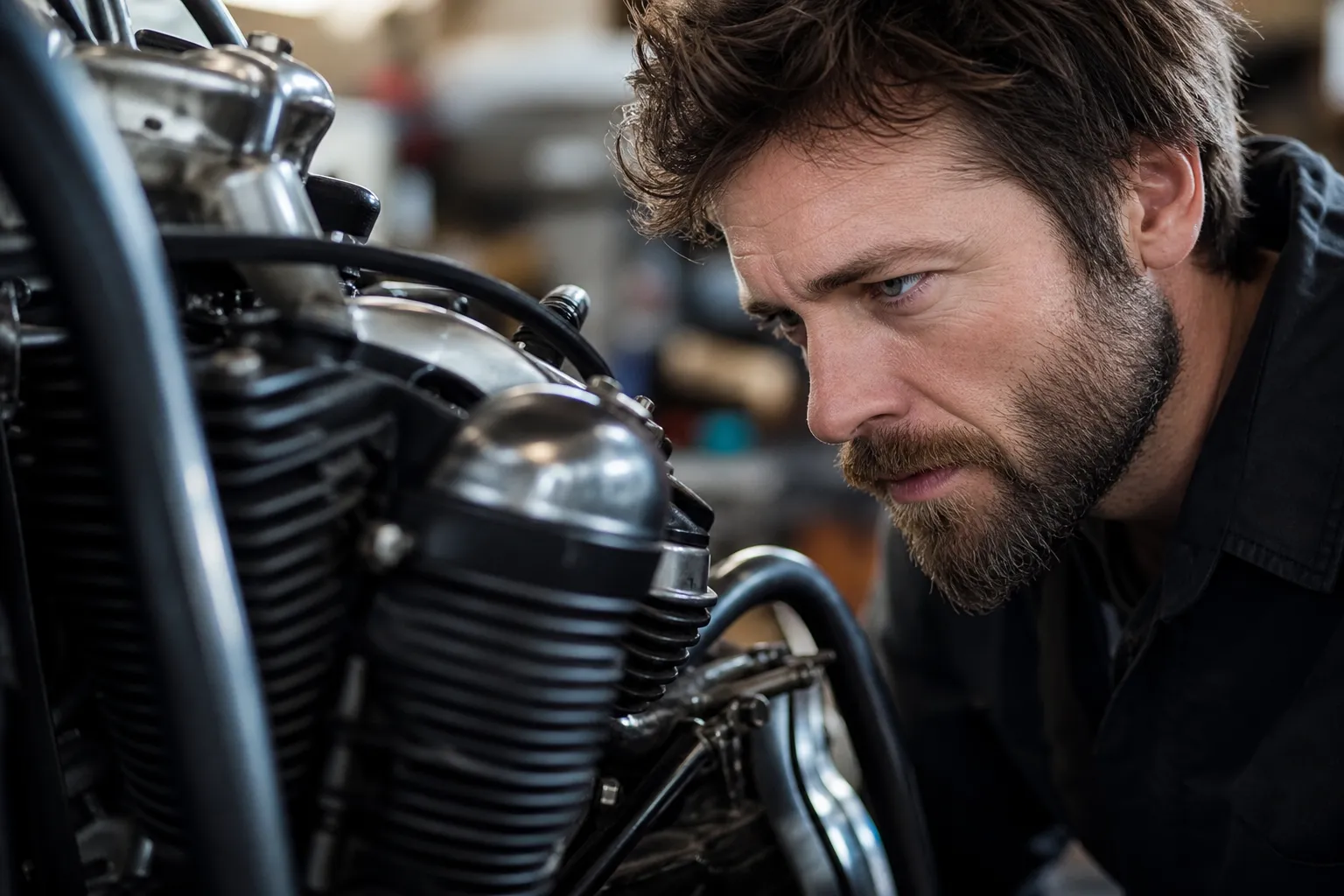 Homme barbu concentré sur la réparation d'une moto vintage.