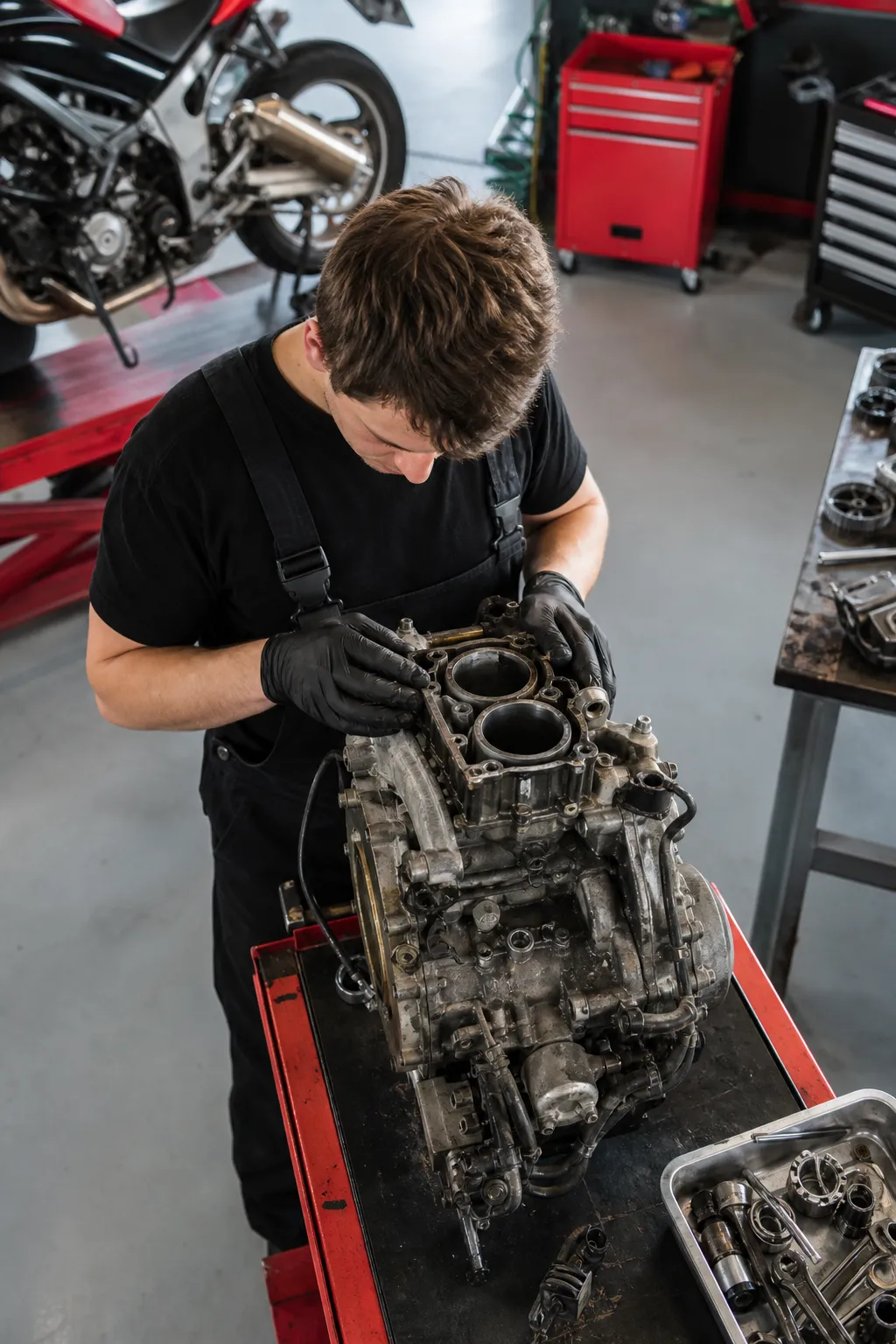 Mécanicien réparant le moteur d'une moto dans un atelier.