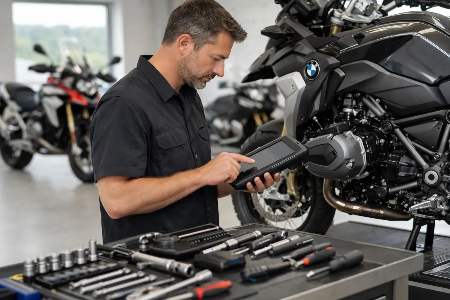 Un mécanicien professionnel de moto examine un moteur BMW avec une tablette de diagnostic dans un atelier suisse moderne, des outils spécialisés organisés sur l'établi, un environnement de garage propre avec des marques de motos allemandes visibles à l'arrière-plan, éclairage naturel à