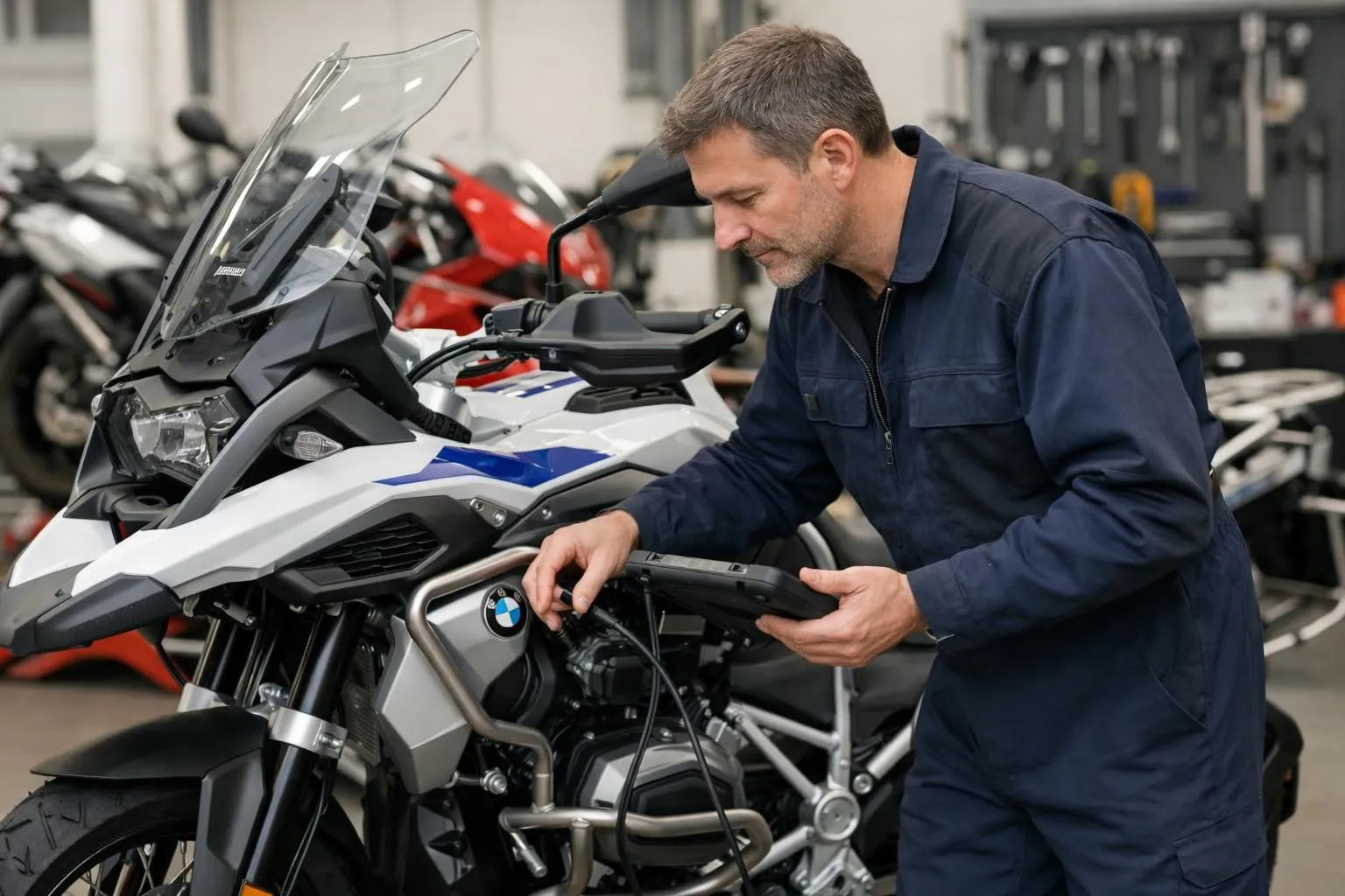 Un mécanicien professionnel examine le moteur d'une moto d'aventure BMW dans un garage suisse moderne et lumineux, avec d'autres motos allemandes en arrière-plan, dont une Ducati sportive.