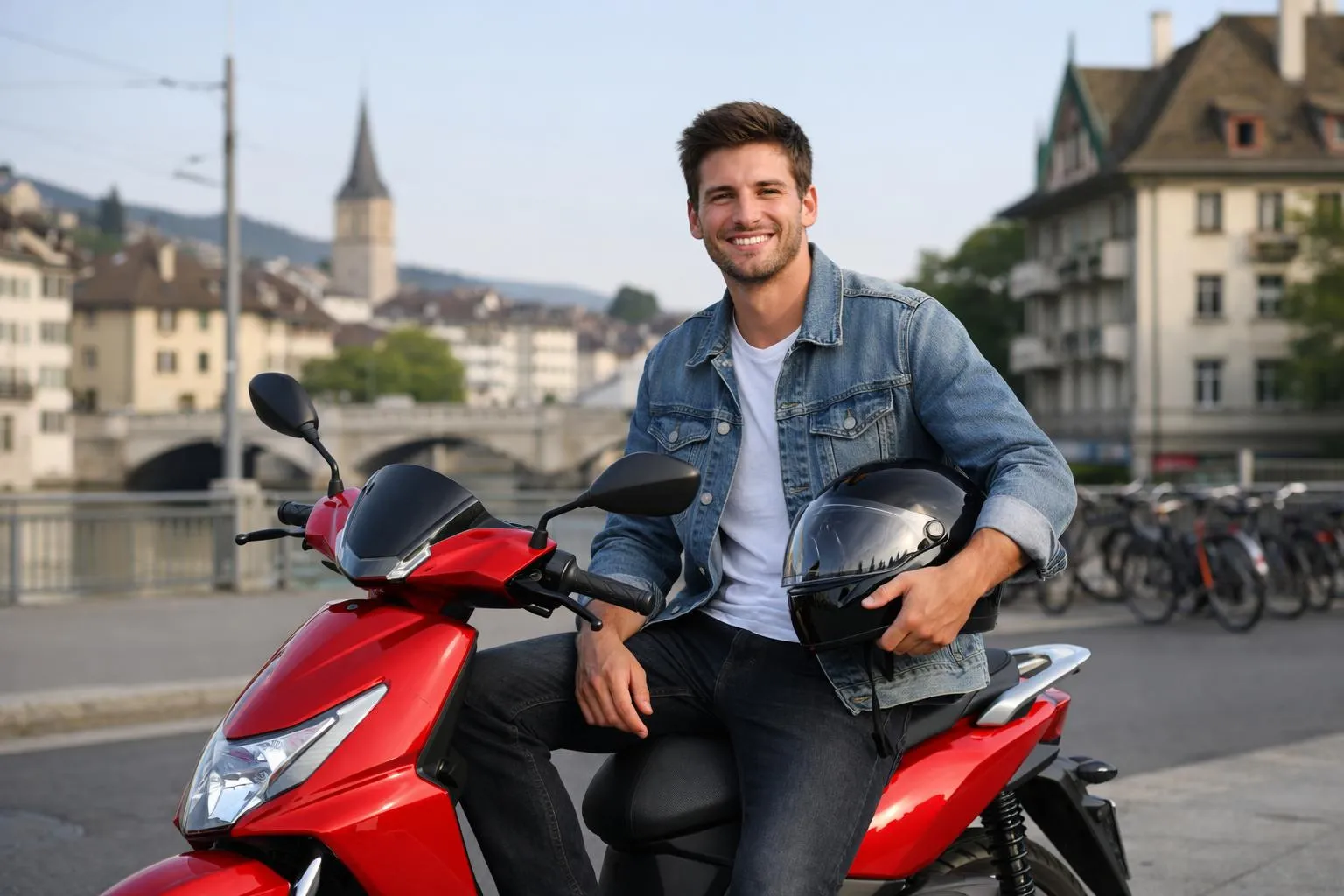 Homme souriant sur un scooter rouge dans une ville européenne.