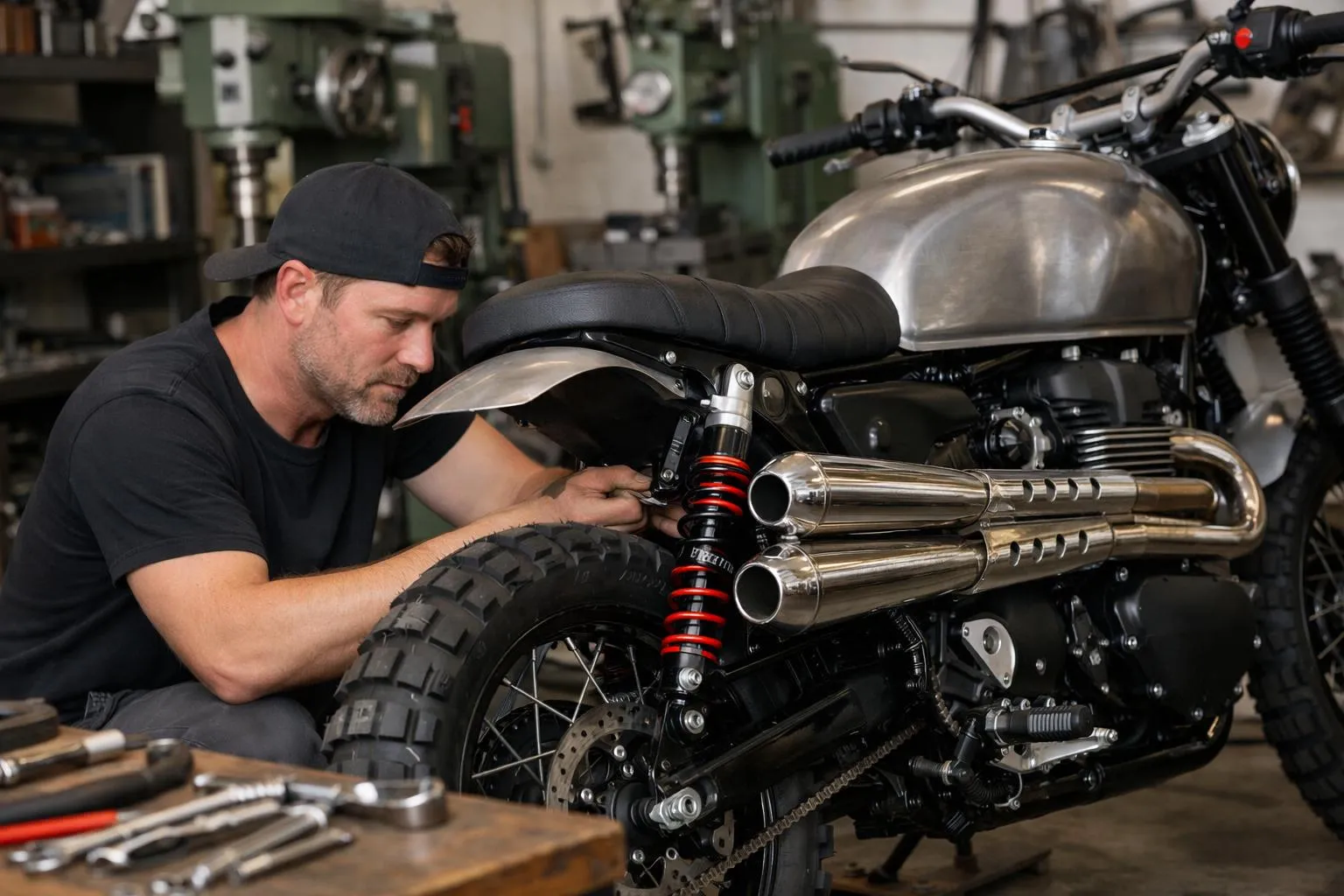 Mécanicien travaillant sur une moto vintage dans un atelier.