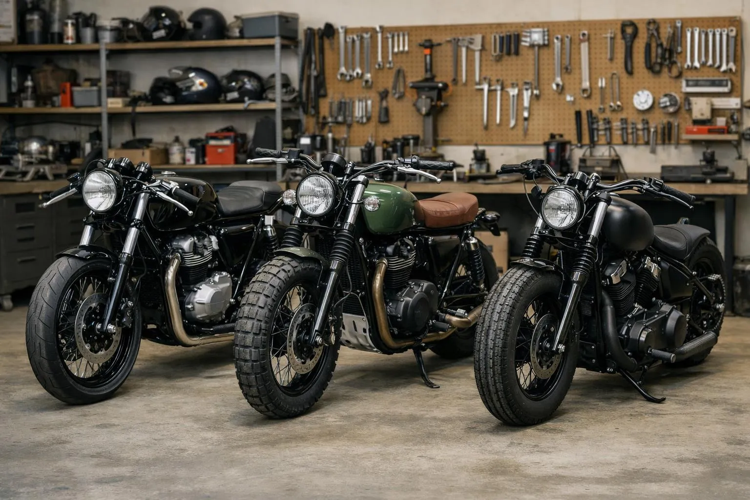 Trois motos customisées dans un atelier de réparation.